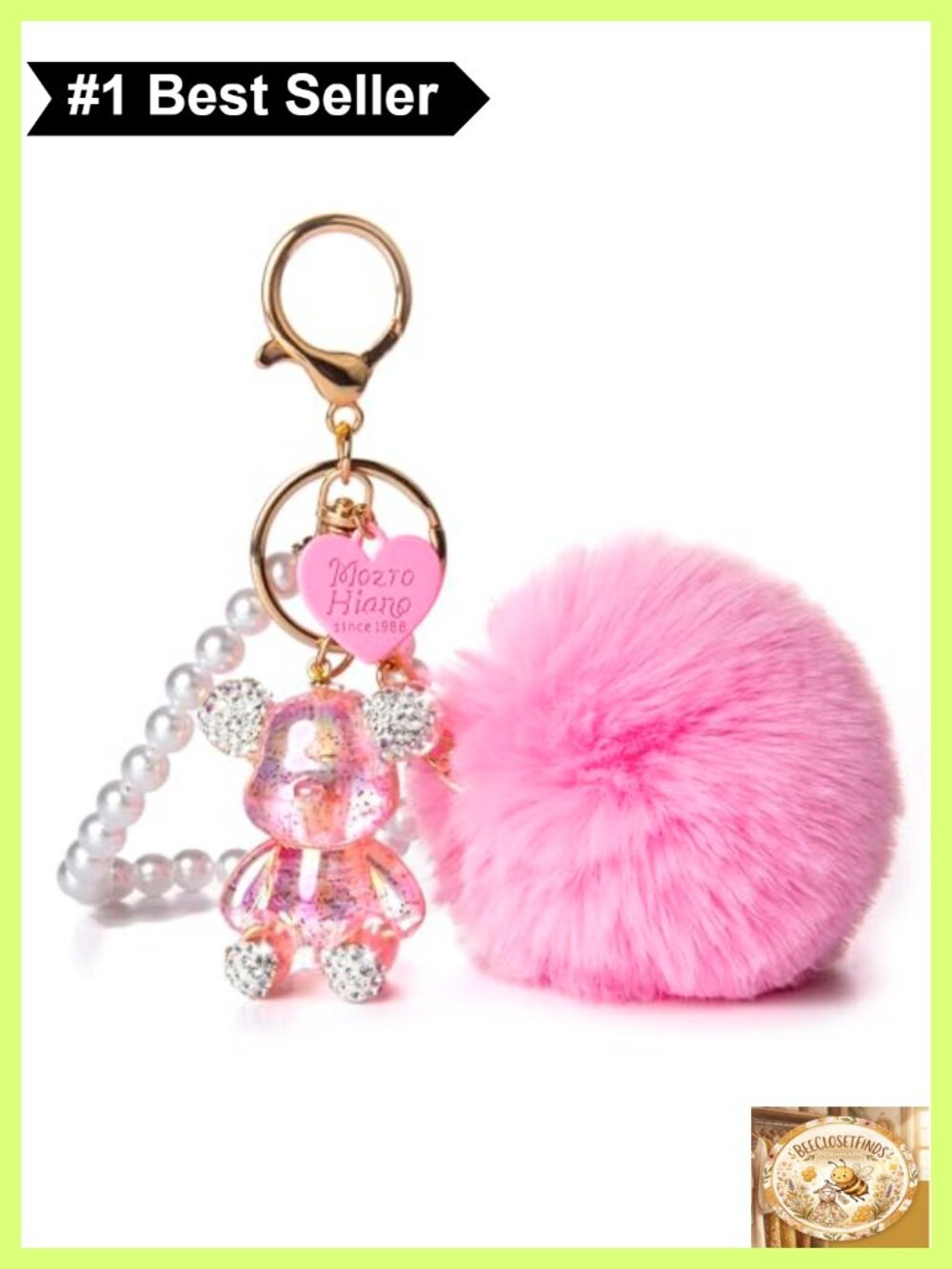 Bling Gummy Bear Pom Pom Keychain Wristlet Rabbit Fur Pearl Chain Charm
